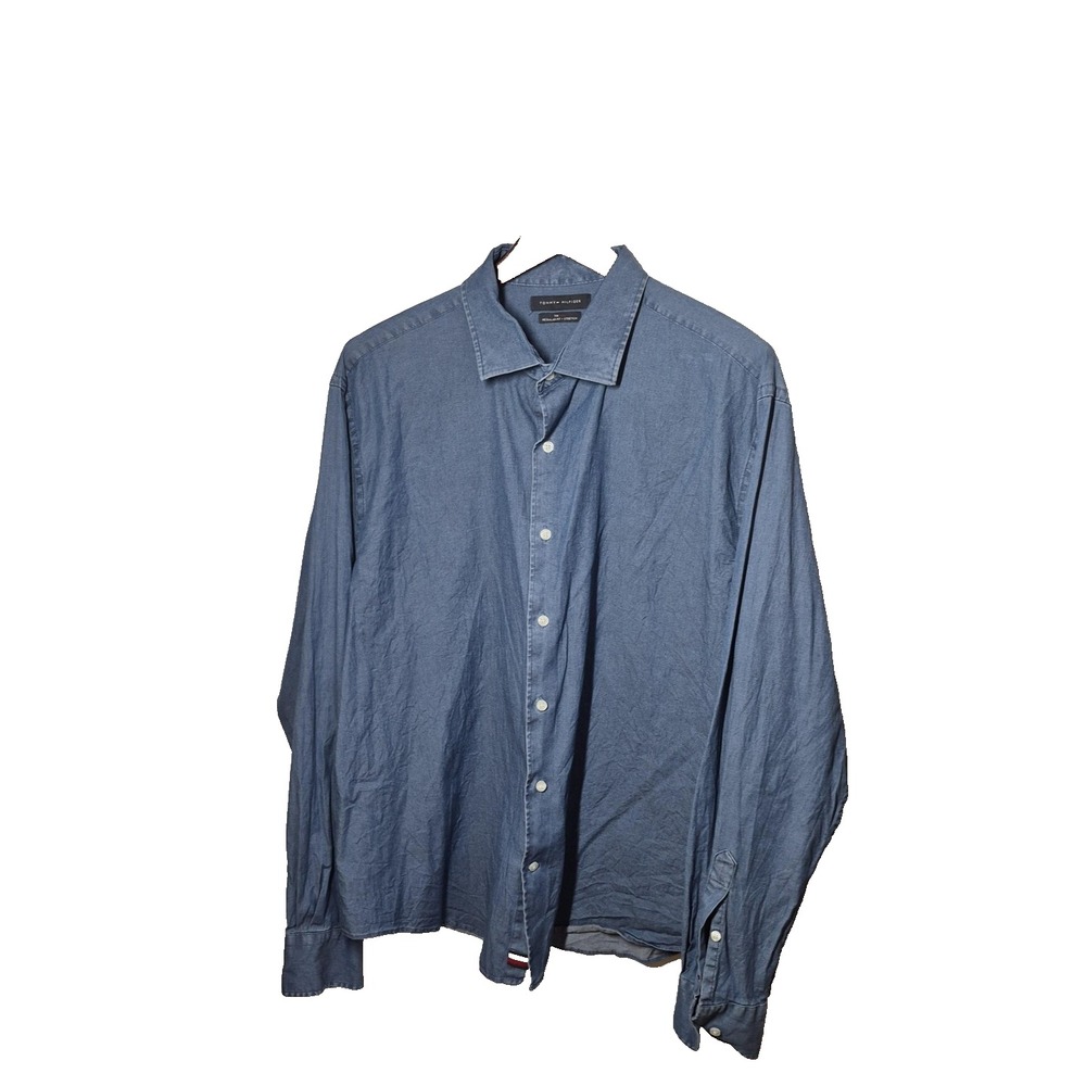 Tommy Hilfiger Shirt Mens XL Chambray TH Flex Stretch Long‎ Sleeve Button Down